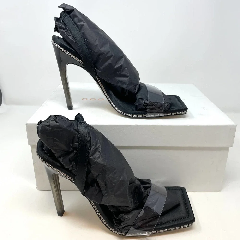Good American Crystal Crush Lucite Rhinestone Sandals In Black Size 7.5 New